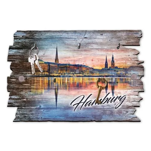 Hamburg Hafen - Schlüsselbrett aus Holz im Shabby Chic mit 5 Haken, handgemacht