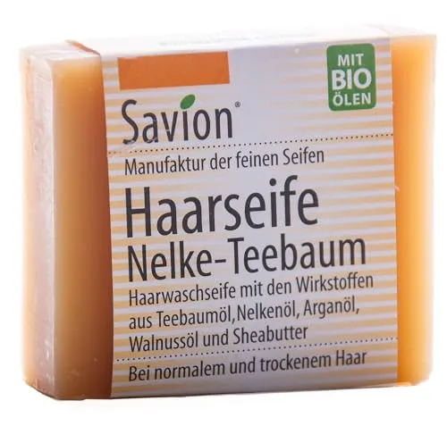 Savion Haarseife Nelke-Teebaum, bei problematischer Kopfaut, hilft bei Ekzemen und Schuppen, Vegan, Palmölfrei, Tierversuchsfrei, 85g | Made in Germany