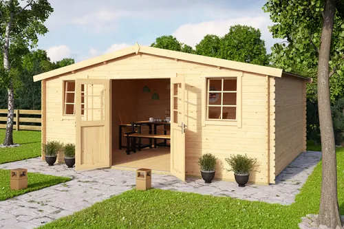 Gartenhaus Blockhaus WELS 5 - 28 mm Holzhaus mit Fußboden - Gartenhaus aus naturbelassenem Holz, mit 2 Fenstern und Doppeltür, einfache Montage und abschließbar. Ideal für Gartenliebhaber, die zusätzlichen Stauraum suchen.