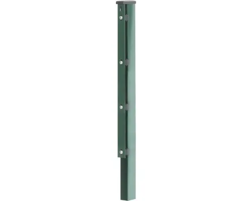 Alberts Zaunpfosten mit Flacheisen grün, 2400 mm - Gartenzäune - Robuster Zaunpfosten mit 6 Bohrungen und stabilen Flacheisen, ideal für langlebige Zaunanlagen. Made in Germany, inklusive montierter Auflageböcke und Pfostenkappen.