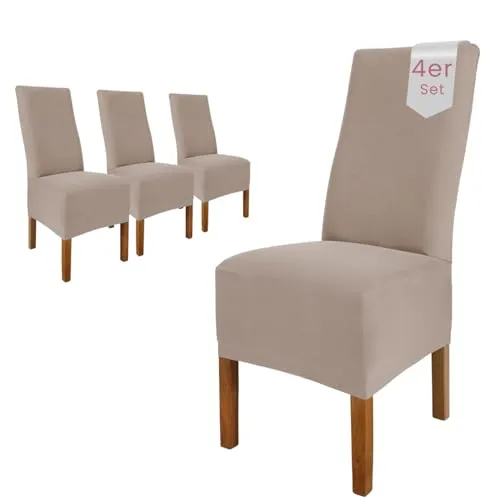 Scheffler Home Stuhlhussen Emma Cottina Taupe 4er Set – Waschbare Stuhlbezüge für Hochlehner - Verleihen Sie Ihren Stühlen mit den elastischen Stuhlhussen im modernen Taupe eine frische Optik. Schützen Sie Ihre Möbel vor Staub und Flecken. Ideal für jeden Anlass und pflegeleicht bis 40 Grad.