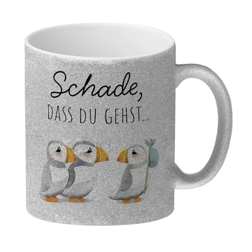 Schade, dass du gehst Papageitaucher Glitzer-Kaffeebecher Abschied Kollege Ruhestand Tasse Papageitaucher Pinguin Traurig - Du fehlst uns Abschluss Schule