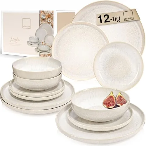 SÄNGER Geschirrset Korfu 12 tlg - Tafelservice für 4 Personen - Handgemachtes Steingut Geschirr mit mediterranem Flair, spülmaschinen- und mikrowellengeeignet, ideal für den täglichen Gebrauch oder besondere Anlässe.