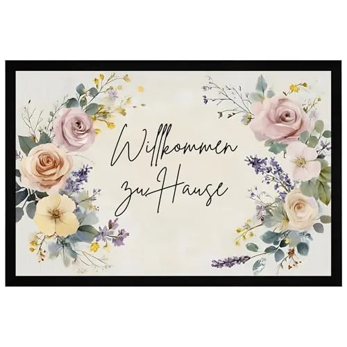 Momentals® Fußmatte – Willkommen zu Hause | Rosen & Blumenkranz | 60x40cm | rutschfeste Rückseite