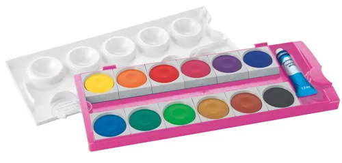 Pelikan K12 Wasserfarbkasten 12 Farben - Schreibutensilien mit 12 intensiven Farben, ideal für kreative Künstler. Der pinke Glitzerkasten ist praktisch und ermöglicht individuelles Farbspektrum durch auswechselbare Schälchen.