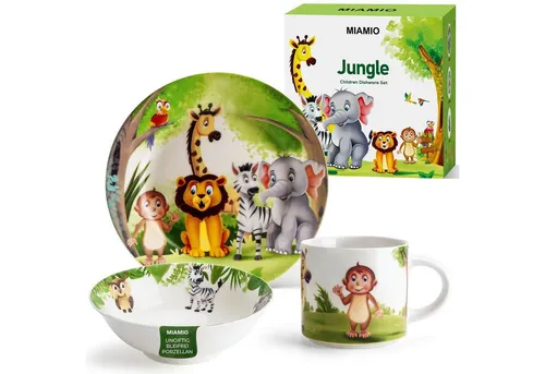 MiaMio Kindergeschirr-Set 3er-Set - Kindergeschirr aus Porzellan, spülmaschinen- und mikrowellengeeignet. Mit liebevollem Jungle-Motiv, ideal für kleine Abenteurer!