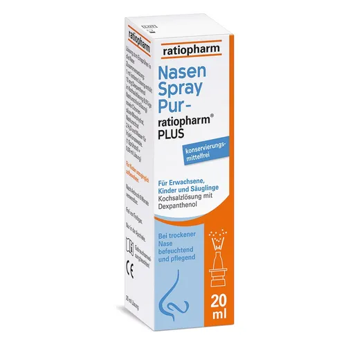 Nasenspray PUR ratiopharm plus 20 ml - Befreit von trockener Nase! Das Nasenspray befeuchtet die Nasenschleimhaut und sorgt für eine angenehme Erleichterung bei trockener Luft. Ideal für die ganze Familie, auch für Säuglinge geeignet.
