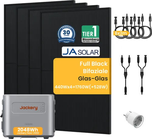 Jackery Navi 2000 Balkonkraftwerk mit Speicher 2048Wh - Balkonkraftwerk mit 2048Wh Speicher und hochmodernen bifazialen Solarmodulen. Ideal für nachhaltige Energieversorgung und einfache Installation ohne Fachpersonal.