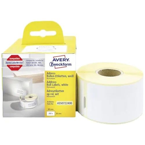 AVERY Zweckform ASS0722400 - Dymo LabelWriter Adressetiketten, 260 selbstklebende Aufkleber, umweltfreundlich und perfekt für den Versand von Briefen und kleinen Warensendungen