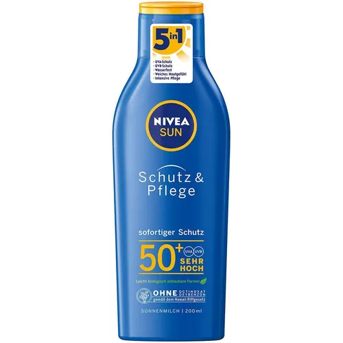 NIVEA SUN Schutz & Pflege Sonnenmilch LSF 50+ - Sonnenschutzmittel mit 48h Feuchtigkeit, schützt vor UVA/UVB-Strahlen und ist wasserfest. Enthält Vitamin E für zusätzlichen Hautschutz und ist 77% biologisch abbaubar.