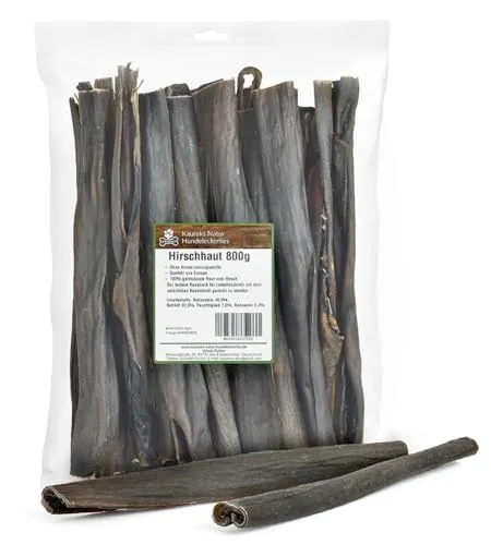 Kaureks Natur Hundeleckerlies, Hirschhaut 800g - Hundefutter mit 100% natürlicher Hirschhaut, ideal für Zahnpflege und lange Beschäftigung, perfekt für allergische Hunde.