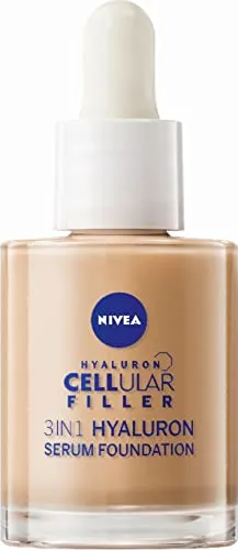 NIVEA 3in1 Hyaluron Serum Foundation dunkel (30 ml) - Make-up & Pflege in einem – Die NIVEA 3in1 Hyaluron Serum Foundation bietet 12h Feuchtigkeit und mildert Falten für einen strahlenden, ebenmäßigen Teint.