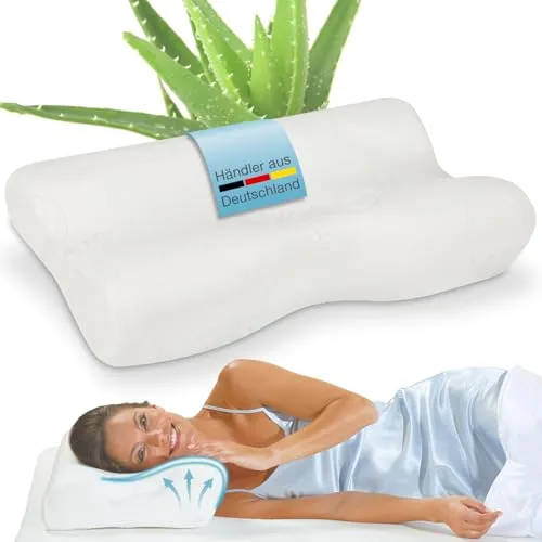 ELONEO Seitenschläferkissen mit Aloe Vera - Kopfkissen für Seitenschläfer, ideal für Hausstauballergiker, mit abnehmbarem, waschbarem Bezug und 3D-Aloe Vera Technologie für optimalen Schlafkomfort.