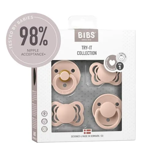 BIBS Schnuller 4er-Pack, Try it Starter Pack, BPA-frei, Kirschform - Entdecke die BIBS Try-it-Box mit vier verschiedenen Schnullern aus Silikon und Naturkautschuk. Ideal für Neugeborene, um den perfekten Schnuller zu finden. 100 % BPA-frei und EN1400+A2-zertifiziert. Für einen farbenfrohen Start!