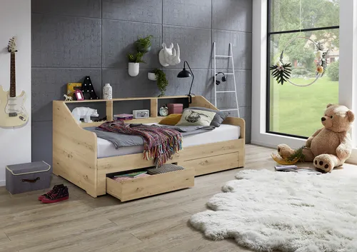 Boxxx Ausziehbett Dunkelgrau - Eiche Artisan - Vielseitiges Ausziehbett für Kinder- & Jugendzimmer, 90-180x200 cm, mit 3 Fächern und in verschiedenen Holzdekoren erhältlich.