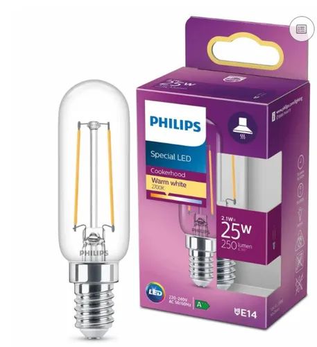 Philips LED Filament Lampe T25 Röhre 2,1W = 25W E14 klar 250lm warmweiß 2700K