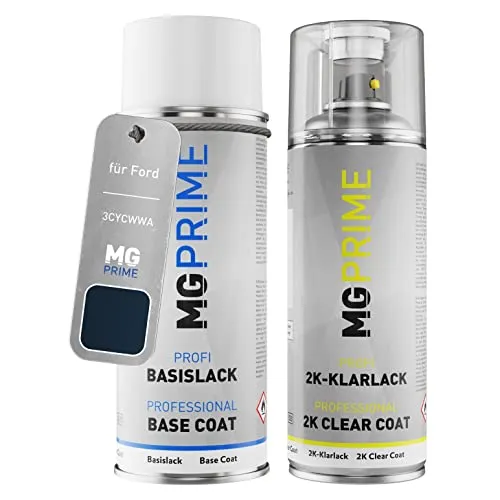 MG PRIME Autolack 2K Spraydosen Set für Ford 3CYCWWA / PN3BH0 / E Ink Blue Metallic/Atlantik Blau Metallic Basislack 2 Komponenten Klarlack Sprühdose