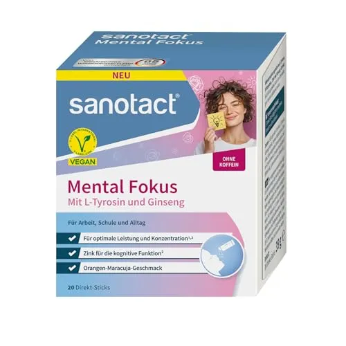 sanotact® Mental Fokus Direkt-Sticks – Energie & Konzentration ohne Koffein | 20 Sticks - Praktische Direkt-Sticks für mentale Klarheit und Energie ohne Koffein. Ideal für unterwegs – fruchtiger Orangen-Maracuja-Geschmack, vegan und ohne Zuckerzusatz. Für optimale Unterstützung bei Lernen und Arbeit.