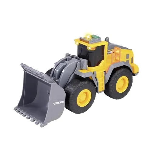 Dickie Toys Volvo Wheel Loader Baufahrzeug - Realistisches Modell mit Freilauf, Licht und Sound. Manuell bewegliche Schaufel für kreatives Spielen. Ideal für kleine Bauarbeiter! Größe: 23 cm, in gelb/grau.
