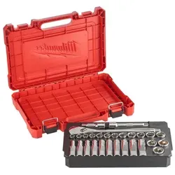 Juego 32 piezas, carraca y vasos de 1/2" Metrica - Werkzeug-Sets mit 32-teiligem Ratschen- und Nusssatz aus Voll-Metall für hohe Langlebigkeit und präzise Anwendung, inklusive Verlängerung und abnehmbarer Aufbewahrungsbox.