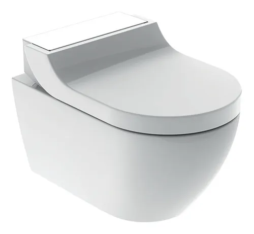 Geberit AquaClean Tuma Comfort Dusch-WC - Wandhängendes, spülrandloses Dusch-WC mit Absenkautomatik in elegantem Glas Weiß und KeraTect-Beschichtung für einfache Reinigung und Hygiene.