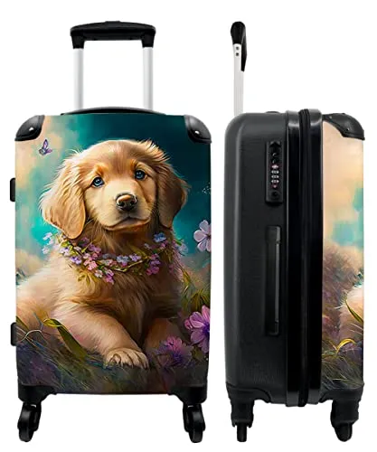 NoBoringSuitcases.com® Koffer groß Trolley Rollkoffer Reisekoffer mit 4 Rollen Fotokoffer - Welpe - Blumenkranz - Schmetterling - Hund - Golden Retriever - 67x43x25cm - 90 Liter