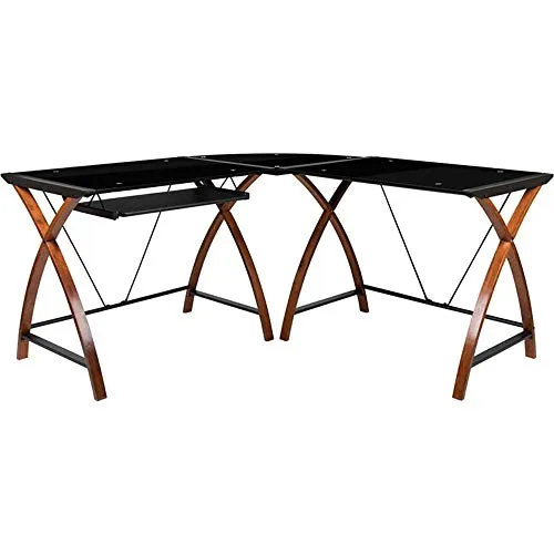 Flash Furniture Jude Eck-Computertisch mit ausziehbarer Tastaturablage aus Glas, L-Form, Schwarz