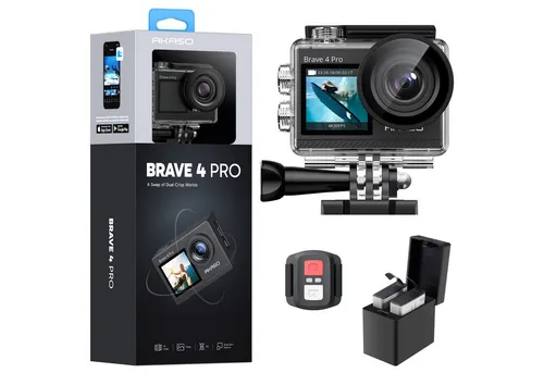 AKASO Brave 4 Pro Action Cam 4K - Action-Cam mit 4K Ultra HD, EIS Stabilisierung und 40M wasserdicht. Perfekt für Abenteuer, mit doppeltem Bildschirm und 2 Akkus für längere Aufnahmezeiten.