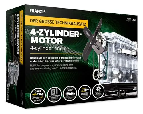 FRANZIS 67175 - Technikbausatz 4-Zylinder-Motor im Maßstab 1:3, 100 Bauteile, inklusive Soundmodul und Begleitbuch für spannende Technik-Erlebnisse