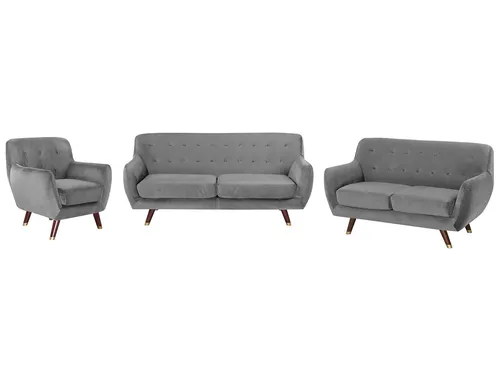 Beliani Modernes Sofa Set mit Sessel aus Samtstoff in Grau Bodo - Sofagarnituren mit schickem Retro-Design, komfortablen, abnehmbaren Polsterkissen und stabiler Eukalyptusholz-Konstruktion für ein sicheres Sitzgefühl.