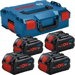 Bosch ProCORE 1600A02A2U Akku 18V 5,5Ah - Akkus für 18V Bosch Professional Geräte, 87% mehr Leistung als konventionelle Akkus, inkl. 4 Akkus und Transportkoffer für optimale Mobilität.