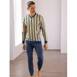 Schlafanzug, Herren, Gr. 56/58, dunkelblau, ocker, gestreift, 100% Baumwolle, Homewear-Sets