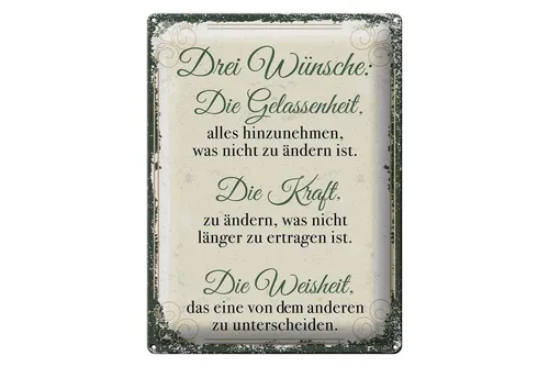 Femer GmbH Metallschild Spruch 3 Wünsche Gelassenheit Krafrt 30x40cm, (1 St), gewölbte Oberfläche, abgerundete Ecken, umgeschlagene Kanten