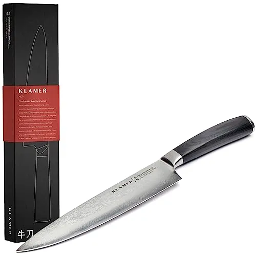 KLAMER Damast Chefmesser 20cm – Extra scharfes Küchenmesser aus japanischem Damaststahl - Kochmesser aus 67-lagigem Damaststahl mit 13 Grad Schnittwinkel für präzise Schnitte. Ergonomischer Pakka-Holzgriff sorgt für sicheren Halt und Hygiene.