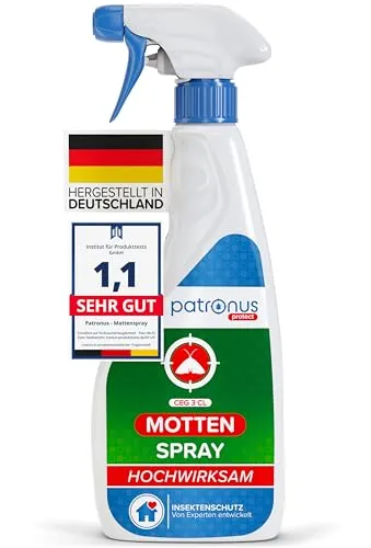 Patronus Mottenspray 500 ml - Effektiver Schutz gegen Kleidermotten & Lebensmittel-Motten - Hochwirksames Mottenspray für Kleiderschränke, Teppiche und Textilien. Mit dezentem Eukalyptus-Zitrusduft und einfacher Anwendung - schützt zuverlässig vor Mottenbefall.