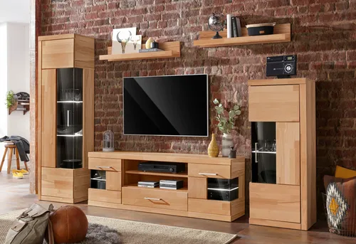 Home affaire Wohnwand Ribe, 5-teilig aus teilmassivem Holz - Wohnwände, stilvolle 5-teilige Wohnwand aus geölter Kernbuche mit viel Stauraum, inklusive 2 Vitrinen, Lowboard und Wandregalen - ideal für ein gemütliches Zuhause.