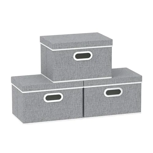 Yawinhe 3 Stück Aufbewahrungsboxen mit Deckel, Faltbare Stoffbox mit Griffen, Boxen Aufbewahrung, für Schlafzimmer, Kleideraufbewahrung, 32x23x20cm, Grau, SNK023G-3