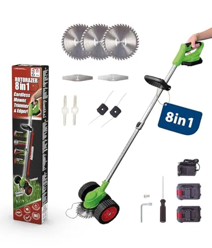 Genius Akku Rasentrimmer 8 in 1 mit 2 Akkus - Rasentrimmer & Motorsensen – vielseitiges 8-in-1 Gerät für mühelose Gartenarbeit mit einstellbarer Schnitttiefe und messerscharfen Klingen für präzise Ergebnisse.