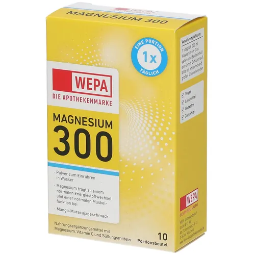 WEPA Magnesium 300 Mango-Maracuja - Nahrungsergänzungsmittel mit Magnesium und Vitamin C für normale Muskelfunktion und Energiestoffwechsel, erfrischender Mango-Maracuja-Geschmack.