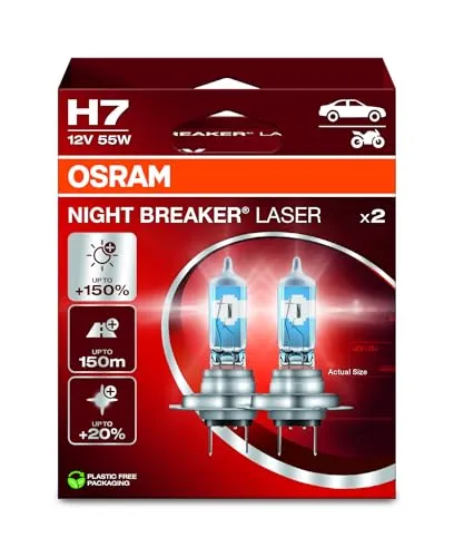 OSRAM Night Breaker Laser H7 55W Halogen Leuchtmittel - Autobeleuchtungen mit bis zu 150% mehr Licht und 20% weißerem Licht für bessere Sicht und schnellere Reaktion auf Verkehrsgefahren.