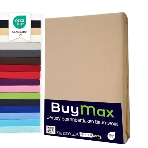 Buymax Spannbettlaken 180x200cm Baumwolle 100% Spannbetttuch Bettlaken Jersey, Matratzenhöhe bis 25 cm, Farbe Sand