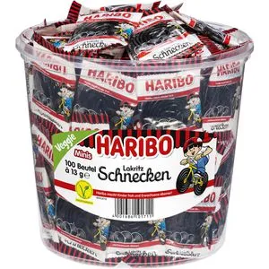Haribo Lakritz-Schnecken Rotella Minibeutel 100 Stück - Leckere Lakritz-Schnecken im praktischen Minibeutel, ideal für den Karneval oder als Snack für zwischendurch. Vegetarisch und in einer handlichen Dose verpackt.