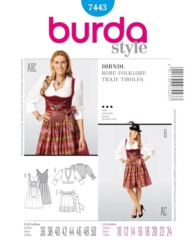 Burda Style Schnittmuster #7443 Damen kurzes Dirndl mit Bluse und Schürze Gr. 36-50