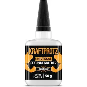 Kraftprotz Sekundenkleber Universal, 50g – Extra stark & wasserfest - Ultradünner, flüssiger Sekundenkleber für präzise Reparaturen. Haftet schnell auf verschiedenen Materialien wie Holz, Metall und Kunststoff. Ideal für Innen- und Außenanwendungen. Nadelverschluss sorgt für saubere Dosierung.