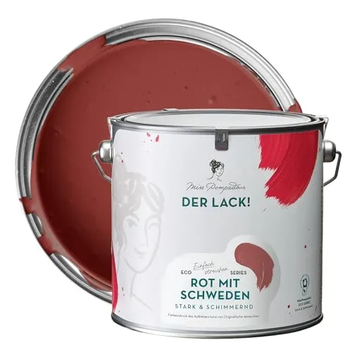 MissPompadour seidenmatte Holzfarbe Innen & Außen 2,5L Rot mit Schweden, Möbelfarbe ohne Schleifen - Farbe für Holz, Metall, Kunststoff - Holzlack, Möbellack schnelltrocknend mit hoher Deckkraft