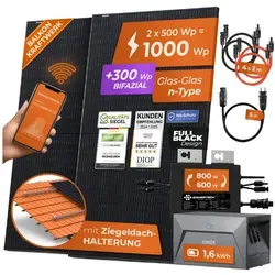 Solarway® 1000W Balkonkraftwerk mit Speicher 800W komplett Steckdose - neuester 800 Watt Wechselrichter - 1,6 kWh Anker Solix 1 - 500W bifaziale Solarmodule & Envertech & Anker