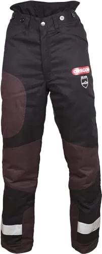Oregon Yukon+ Schnittschutz-Bundhose Schwarz, Größe L - Arbeitshosen mit EN ISO 11393:2 Klasse 1 (20 m/s) Schnittschutz, strapazierfähig, bequem und mit reflektierenden Streifen für hohe Sichtbarkeit – ideal für Kettensägenführer.
