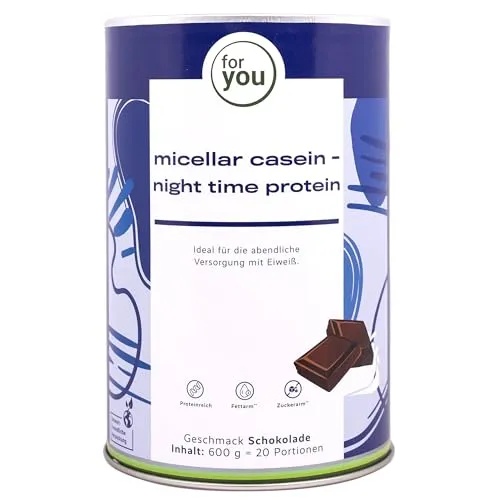 for you micellar casein - night time protein - Micellares Casein mit langsamer Proteinfreisetzung - Cremiger Schokogeschmack - glutenfrei & mit Aminosäuren (600g, Schokolade)