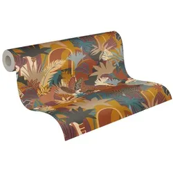 A.S. Création Vliestapete Antigua Retrotapete Artdeco, leicht strukturiert, gemustert, matt, neutral, (1 St), Dschungeltapete Floral mit Tieren Tapeten Wohnzimmer Schlafzimmer Flur blau|bunt