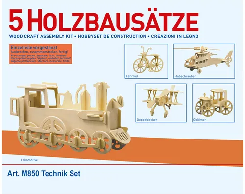 PEBARO 850 - 5x Technik-Set Holzbausätze - Spielware mit 5 kreativen Holzkonstruktionen: Lokomotive, Fahrrad, Hubschrauber, Oldtimer und Doppeldecker, ideal für kleine Ingenieure und Bastel-Fans.